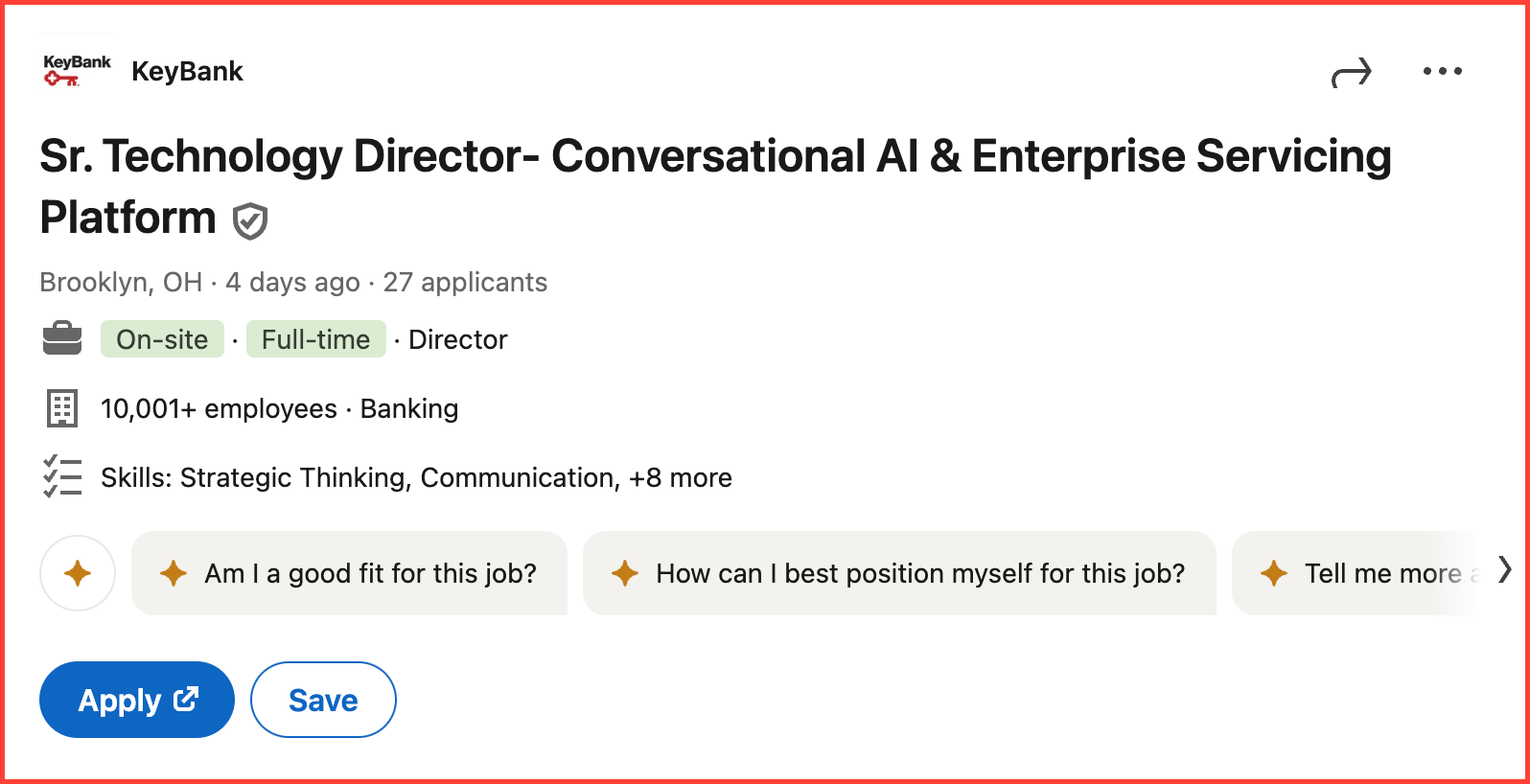 Interesting job alert: KeyBank is hiring a Sr. Technology Director - Conversational AI Platform