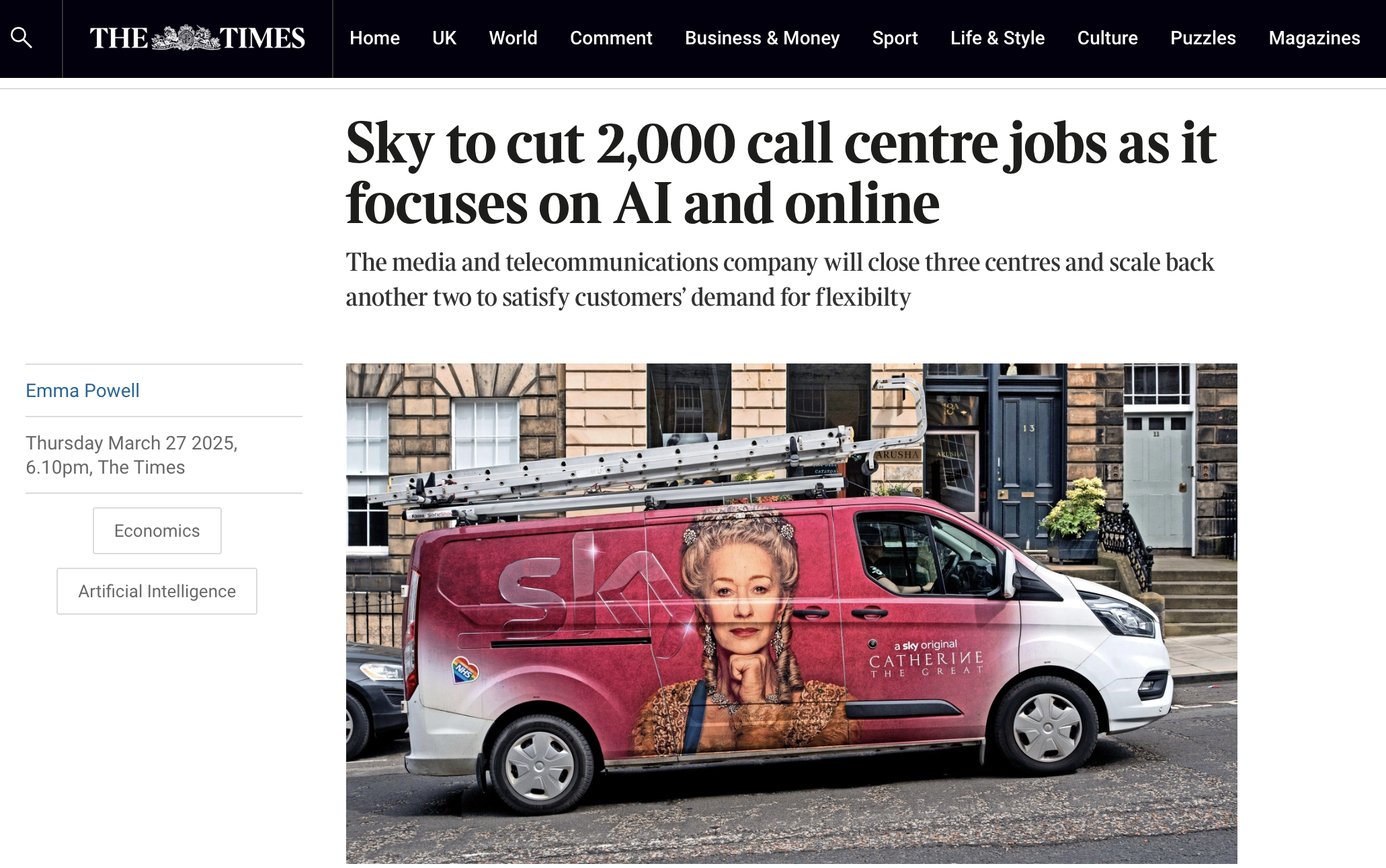 Sky cuts 2,000 call centre jobs to "focus on AI and online"